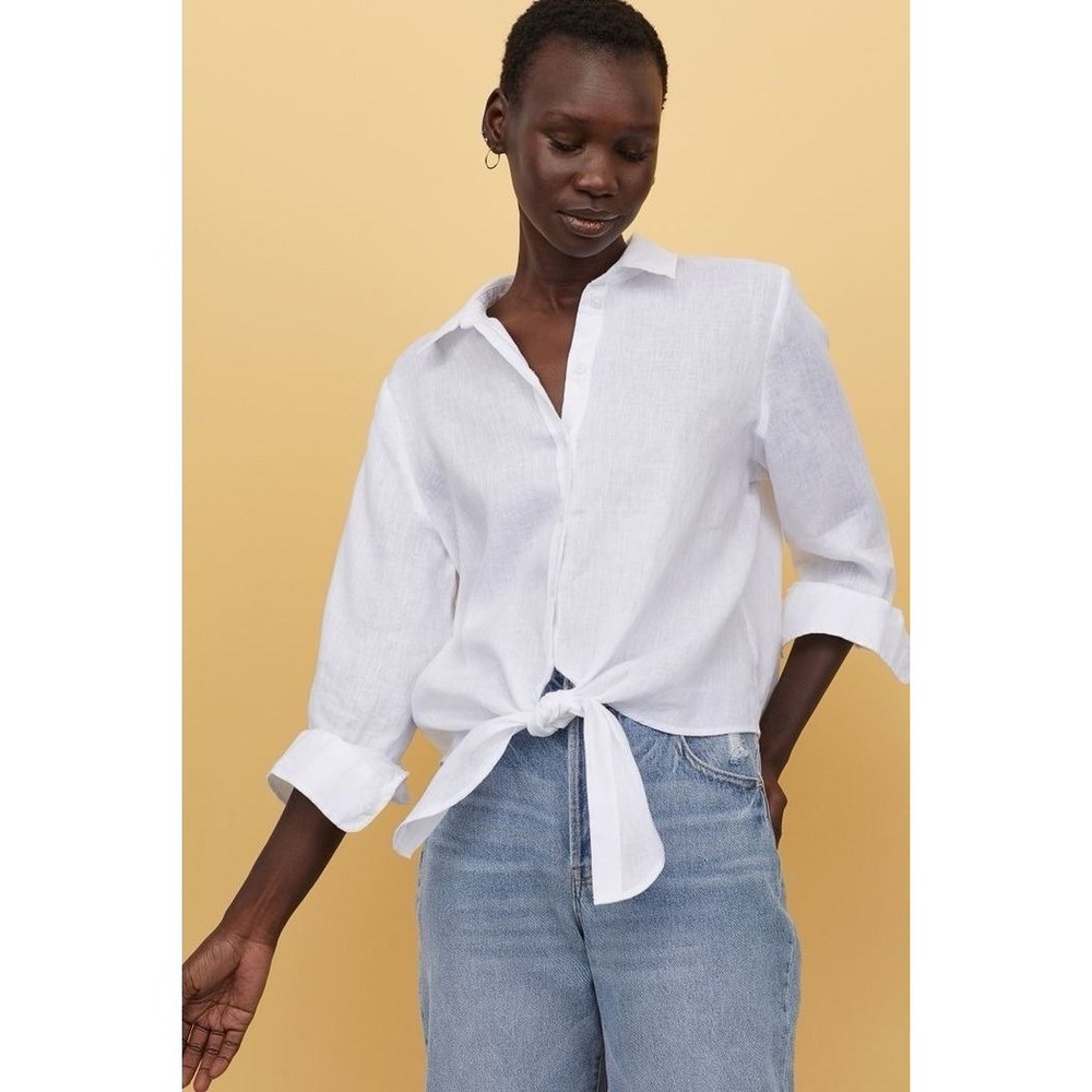 H & M Women's MED White 100% Linen Long Sleeve Button Up Tie Front EUC